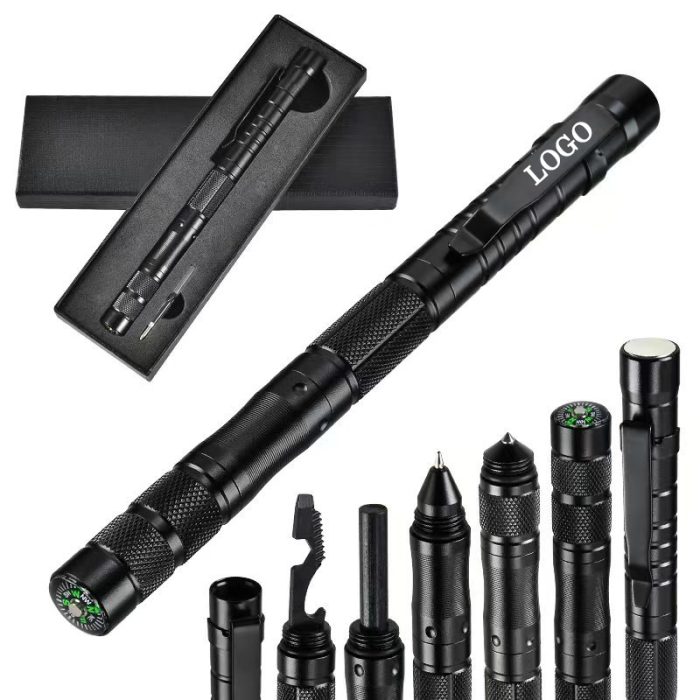 It has combining the most needed EDC tools, Glass Breaker + Ballpoint + Fire Starter + Compass + Strong magnet + Multi-tool Head(can be used as bottle opener, nut wrench, etc).