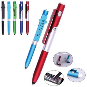 Stylus capacitive, ballpoint pen writing, LED flashlight light-up pen, and foldable phone holder.