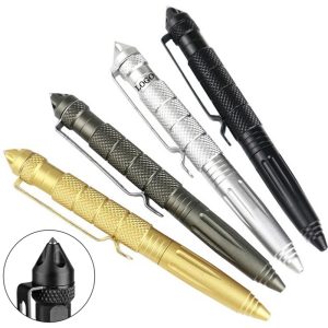 Multi purpose survival gadget with a pen that provides a smooth writing experience, with a ballpoint tip on one end and a carbide tip glass breaker on the other end.