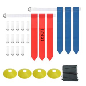 Elevate your flag football game with our premium kit, which includes 10 durable belts, 30 vibrant flags, and 10 large, highly visible disc cones, all neatly stored in a convenient carrying bag.