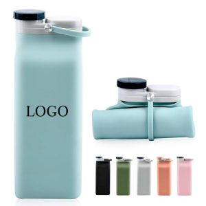 Collapsible silicone water bottle with hand ring for easy carrying.