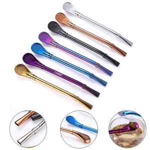 Stainless Steel Straw Spoons of Different Colors with Filter.