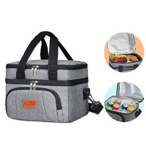 The inside of the insulated lunch cooler bag is made of upgrade food-safe PEVA foil to keep food stay cold/warm/fresh for 9 hours and the outside of the lunch box is made of waterproof Oxford cloth, which is durable and waterproof.