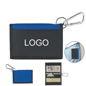 This stylish folding wallet features a convenient Velcro closure and a sturdy carabiner for easy attachment.